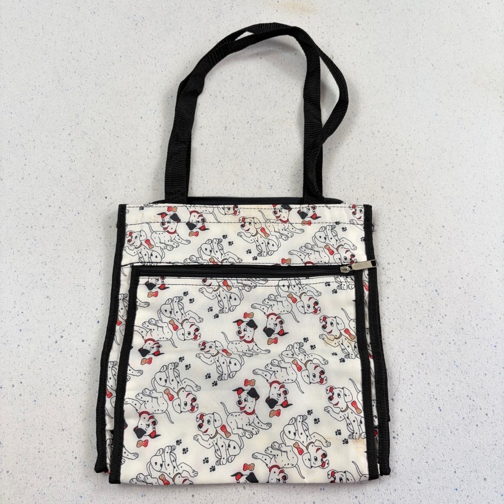 Disney 101 Dalmatians Puppy Print Tote‎ Bag White Black Zippered Pockets Y2K